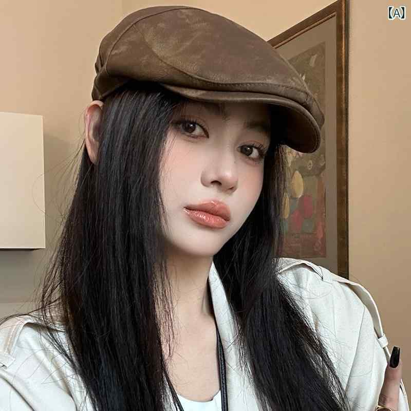 レトロ ベレー 帽 アメリカン レトロ ストリート 湯たんぽ PU ベレー 帽 女性の 夏 薄い 無地 カジュアル オール マッチ ショー フェイス スモールフ...