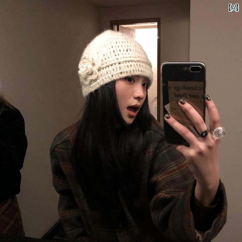 スカーフ 帽子 女性 細かい グリッター フラワー ニット 帽、 女性用、 秋 冬用、 オール マッチ、 暖..