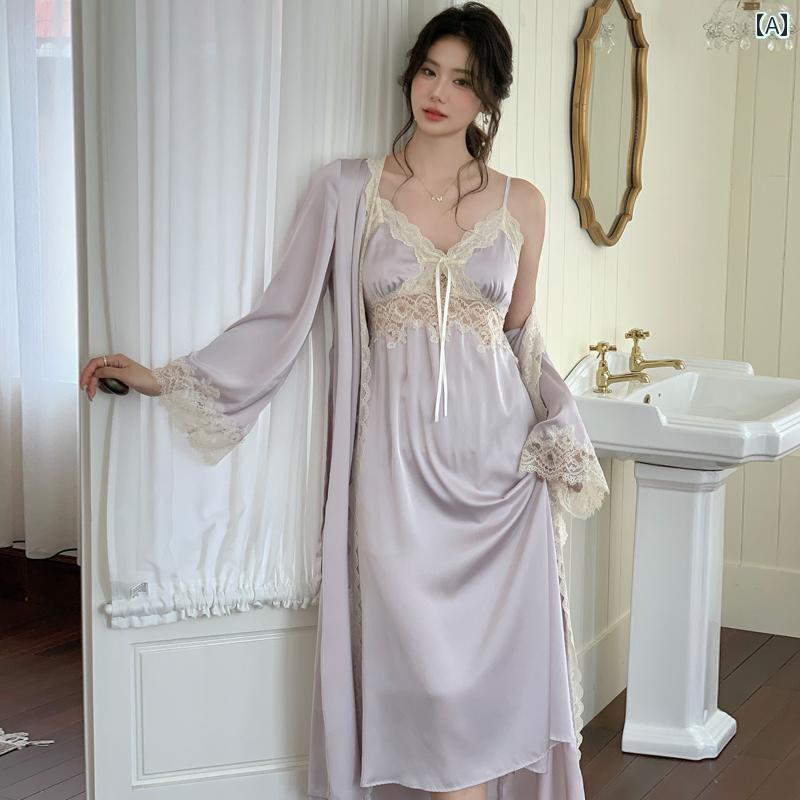 ナイトガウン パジャマ フランス製 アイス シルクサテン サスペンダー パジャマ 2点 セット（ 胸 パッド 付き、 女性用） 高級 ナイトドレス、 女性用 セクシーで 純粋な 欲望の ナイトガウン