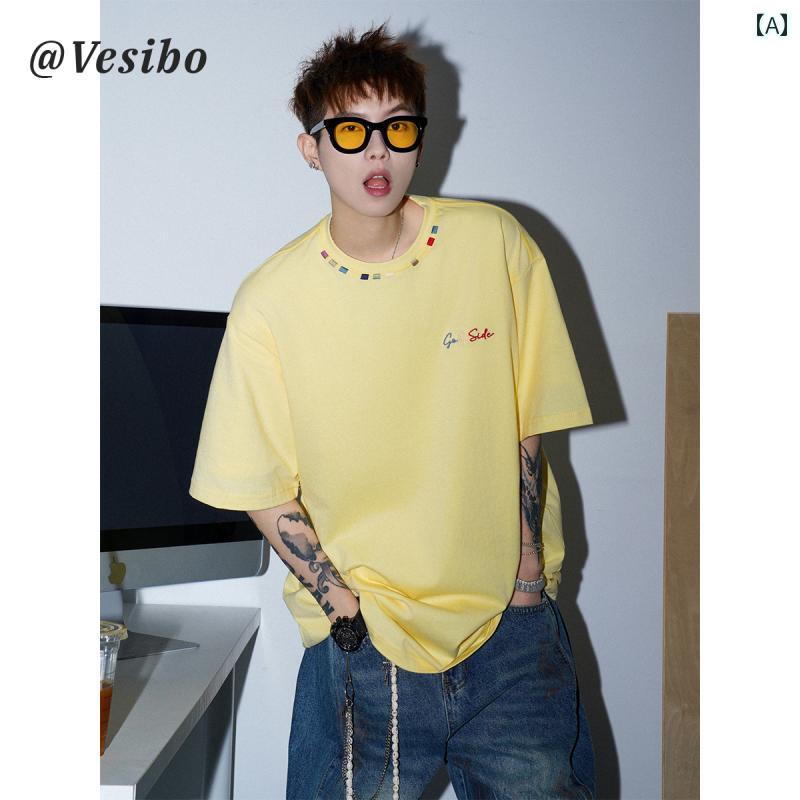 ゆったり 半袖 T シャツ メンズ アメリカン スタイルの コント ラスト カラー 刺繍 イエロー 半袖 メン..