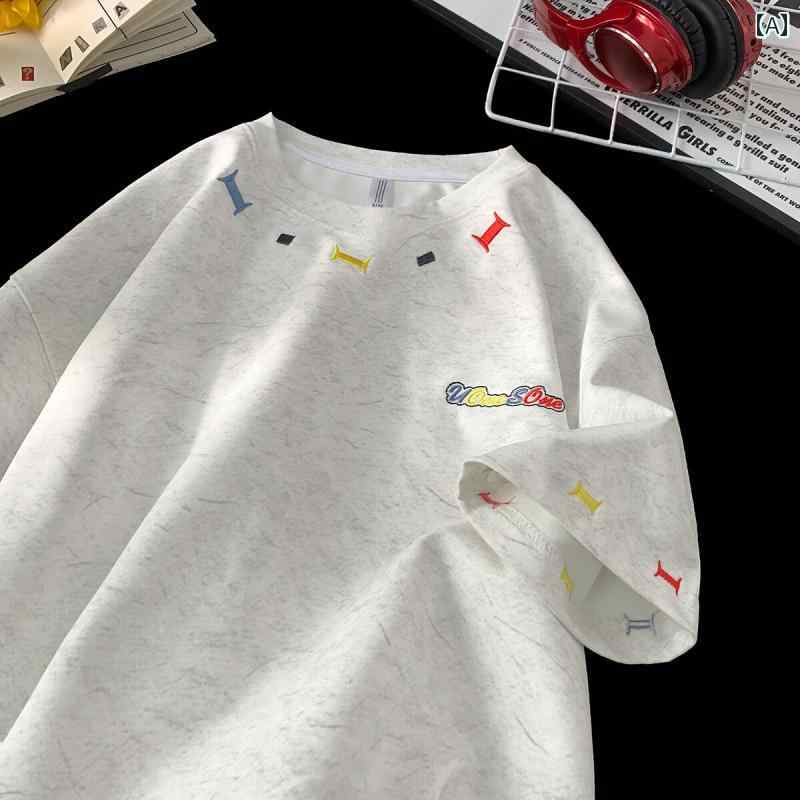 ゆったり 半袖 T シャツ メンズ サンド ウォッシュ 加工の 刺繍が 施された 厚手の 半袖 T シャツ（ メ..