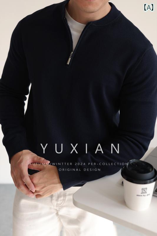無地 ニット セーター YUXIAN アメリカン ロング ステープル コットン ハーフ ジッパー ヘンリー カラー 純 綿 ニット 長袖 セーター カジュアル ビジネス メンズ 春 秋