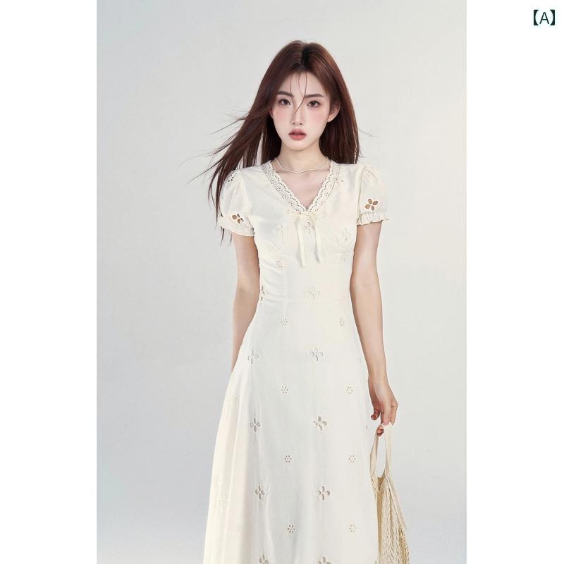 ロング スカート 2025年 夏の 新作 フレンチ プラティ コドンの 優しい スタイルの V ネック 刺繍の 甘い ドレス 女性の 気質の デザイン ロング スカート