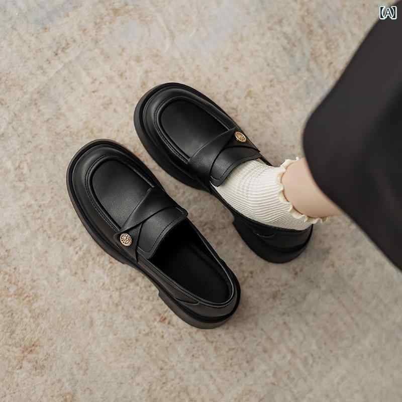 ローファー レディース シューズ 本 革 ゴールド コインローファー 女性の ための 英国 スタイル 2024 春の 新 太い ヒール シングル シューズ 厚 底 スリッポン小さな 革靴