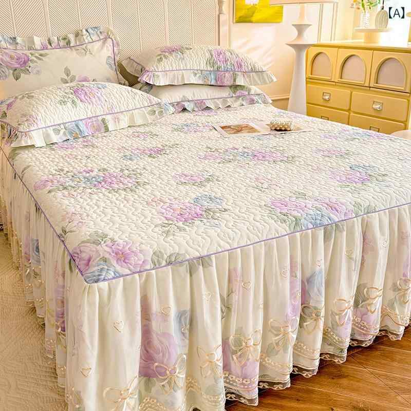 ベッド スカート 小さな 新鮮な 花柄 レースの プリンセス スタイルの コットン キルト ベッド スカート、 ワンピース、 厚手の 純 綿 ベッド カバー、 4点または 3点 セット