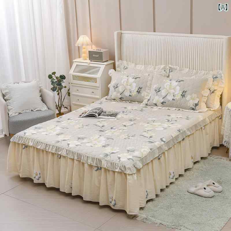 ベッド スカート 純 綿 キルト ベッド スカート ワンピース 厚手 コットン マットレス カバー、 スカー..