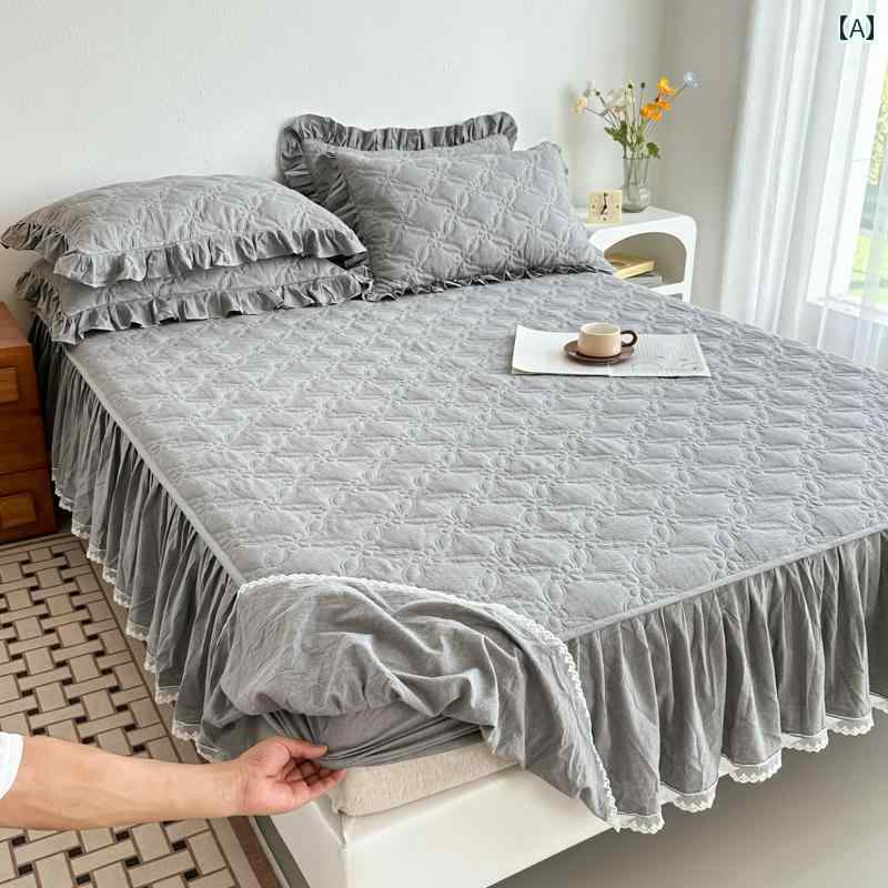 ベッド スカート 100 % コットン 糸 染め ウォッシュド コットン ベッド スカート、 ワンピース、 純 綿 キルティング、 厚手の フィットシーツ、 スカート エッジ、 滑り止め ベッドスプレッド、 3点 セット