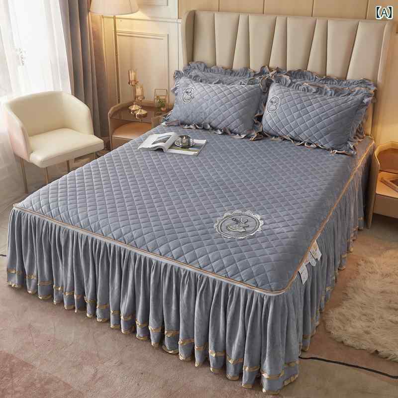 ベッド スカート ヨーロッパの クリス タル ベルベットの ベッド シーツ スタイルの ベッド スカート ワンピース ベッドスプレッド スカート スタイルの 滑り止め 厚く 暖かい コーラル フリース 寝具 冬