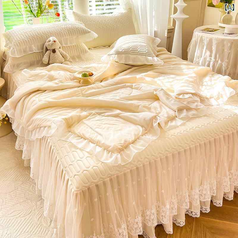 ベッド スカート 夏用 クール シルク ラテックス マット 4点 セット 夏用 キルト プリンセス スタイル ..