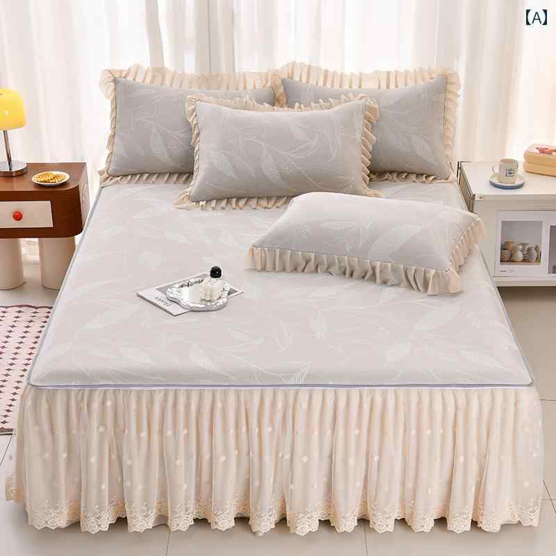 ベッド スカート レース プリンセス スタイル アイス シルク マット ベッド スカート 3点 セット 夏 シ..