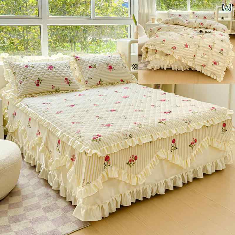 ベッド スカート 純 綿 ベッド スカート シングル ピース ベッドスプレッド 4点 セット 厚手 キルティ..