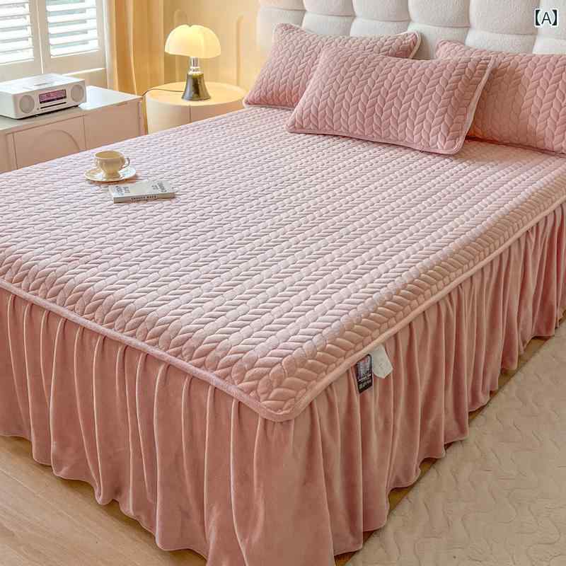 ベッド スカート コーラル フリース ミルク フリース キルティング ベッド スカート ワンピース 厚手 レース ベッドスプレッド ベッド シーツ プラス ベルベット フランネル ベッド カバーと スカート 付き