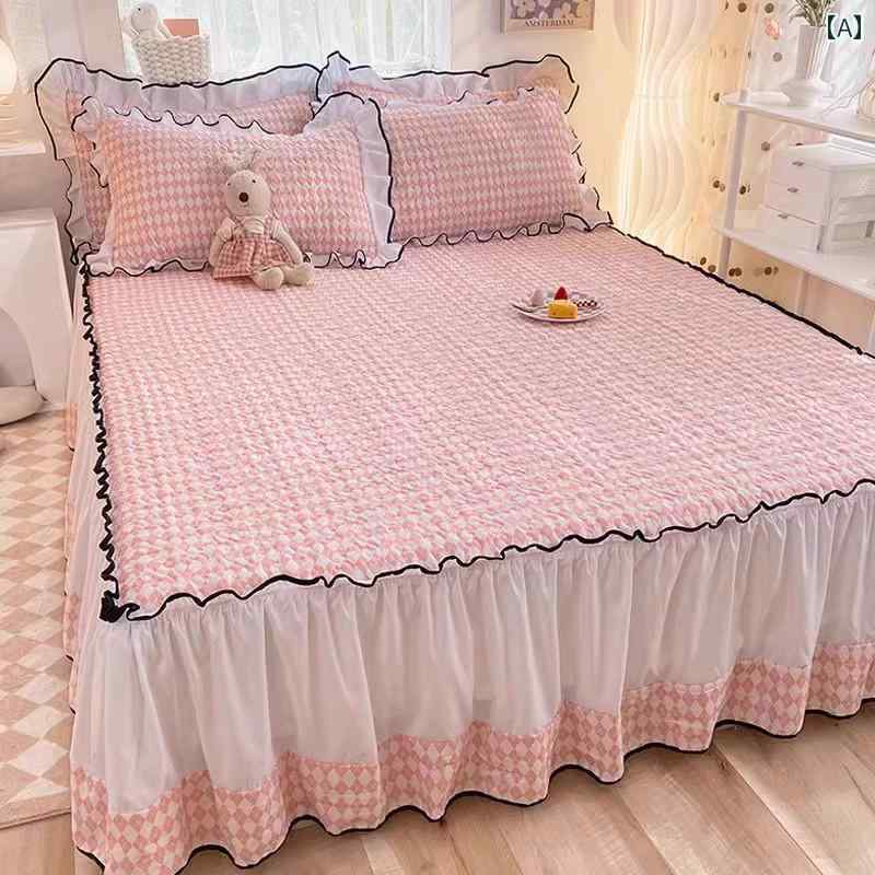ベッド スカート 韓国 プリンセス スタイルの 厚手の キルティング ベッド スカート、 ワンピース、 ピンク、 女の子用 ベッドスプレッド、 レース、 滑り止め ベッド シーツ、 ダストカバー、 ベッド セット