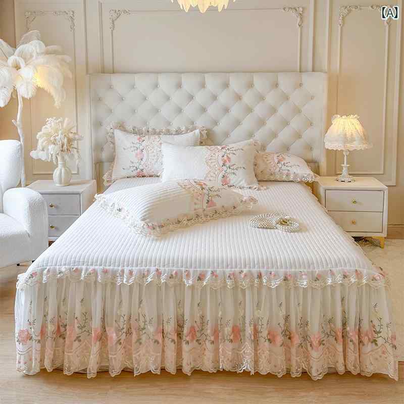 ベッド スカート レースの ベッド スカート、 しわ 加工の 糸を 使用 した ワンピースの ベッドスプレッド、 ベッド シーツ、 オール シーズン 対応、 スカートと キルティング ベッド エプロン 付きの 滑り止め ベッド カバー