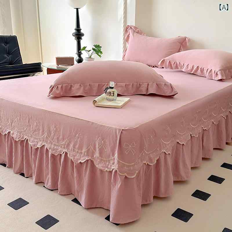 ベッド スカート プリンセス スタイルの 刺繍入り 無地 ウォッシュ コットン ベッド スカート ワンピース 滑り止め ベッドスプレッド 醜い 裾の レース ベッド シーツ 2025 新作