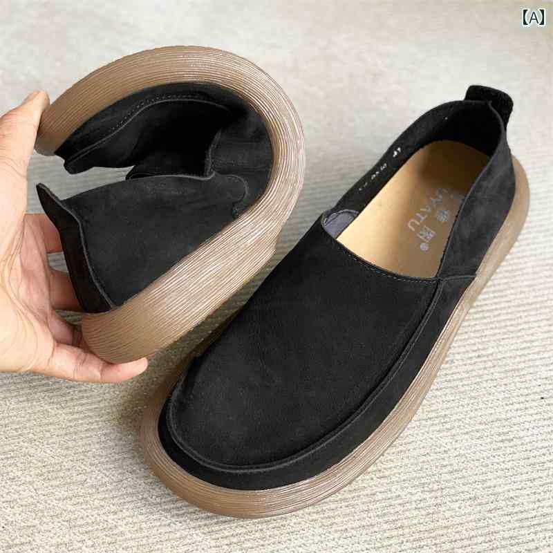 ローファー メンズ シューズ 厚 底の 夏用 通 気性 ヌバックレザー メンズシューズ、 レトロ本 革、 幅広 足用 ソフト ソール、 ハンドメイド 単 層 牛 革 スリッポン メンズシューズ