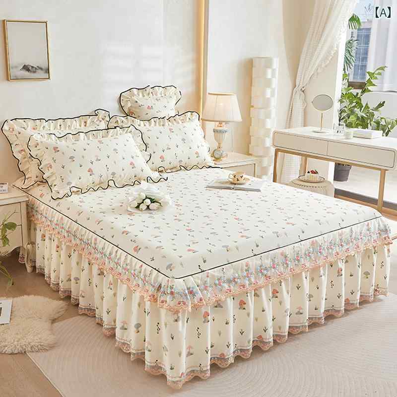 ベッド スカート 韓国 版 純 綿 ベッド スカート ワンピース 小さめの 爽や かな プリンセス 風 レース レース ベッド シーツ 3点 セット ベッド エプロン カバー 保護 カバー