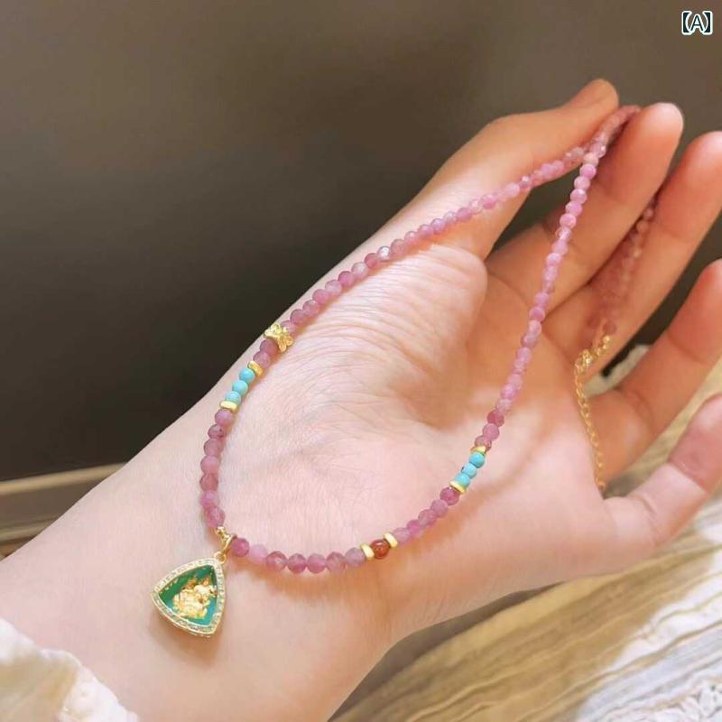 トルマリン 新しい 中国 風の オリジナル デザイン ネックレス、 女性用 天然 レッド トルマリン ファセット ビーズ、 グリーン ターラ 観音 鎖骨 チェー...