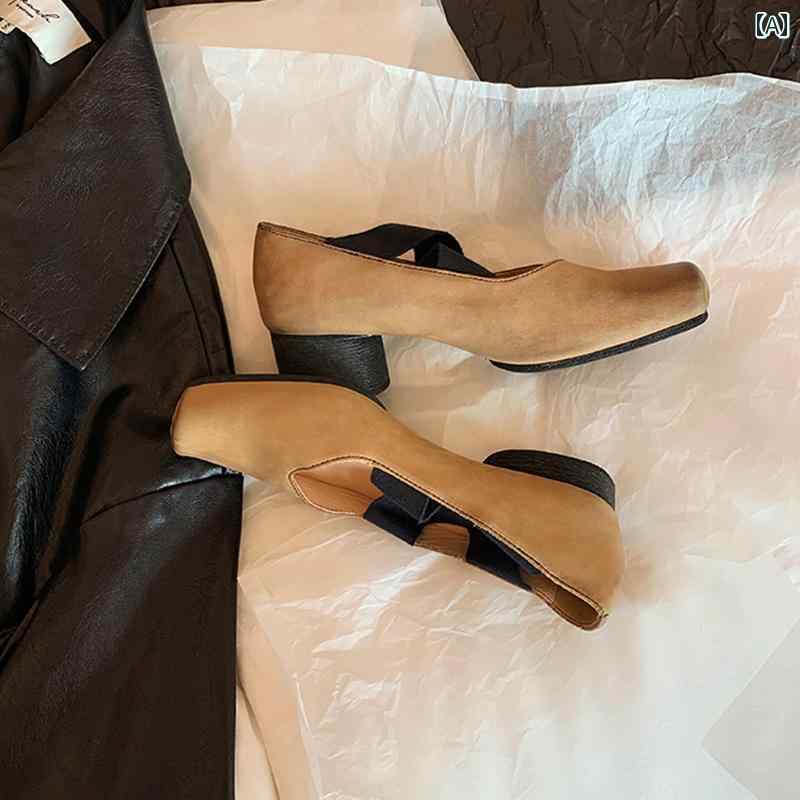 ダンス シューズ 牛 革 バー ジョン〜 女性用 スクエア ヘッド バレエ シューズ、 レトロな ストラップ..