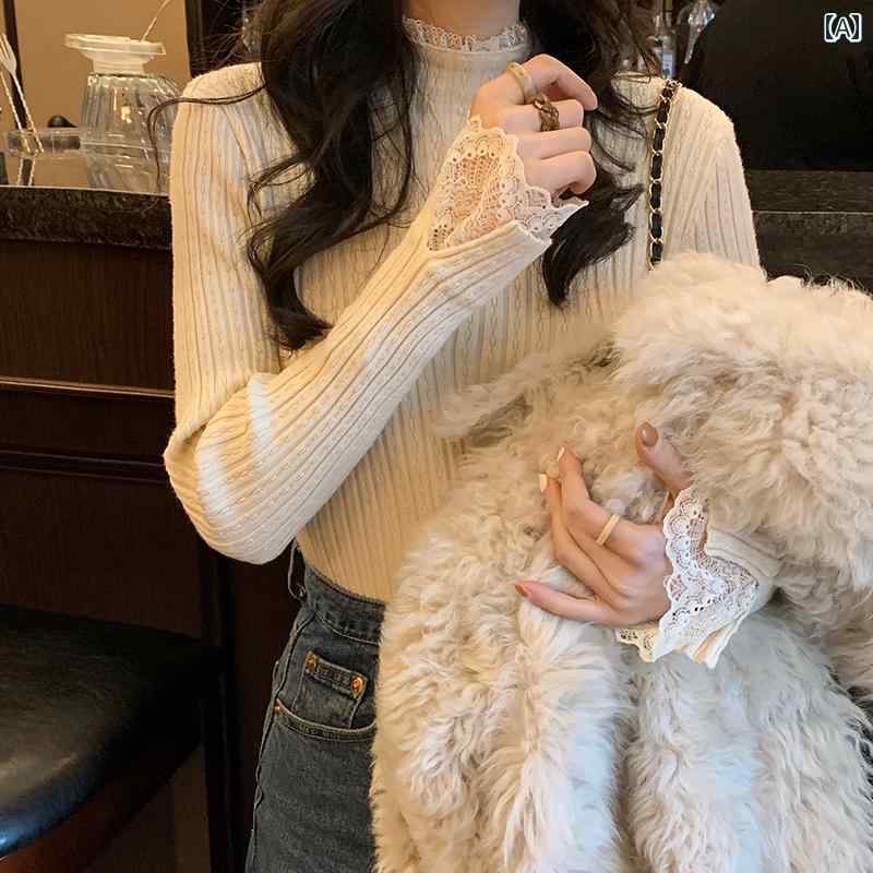 ニット アメリカン トップ レディース 女性が 秋と 冬に 着用 できる、 レースと ファーの インナー レイヤーが 付いた フレンチ ホワイトの ニット セーター、 スリムな ハーフ タートルネックセーター、 ボトミング シャツ トップ