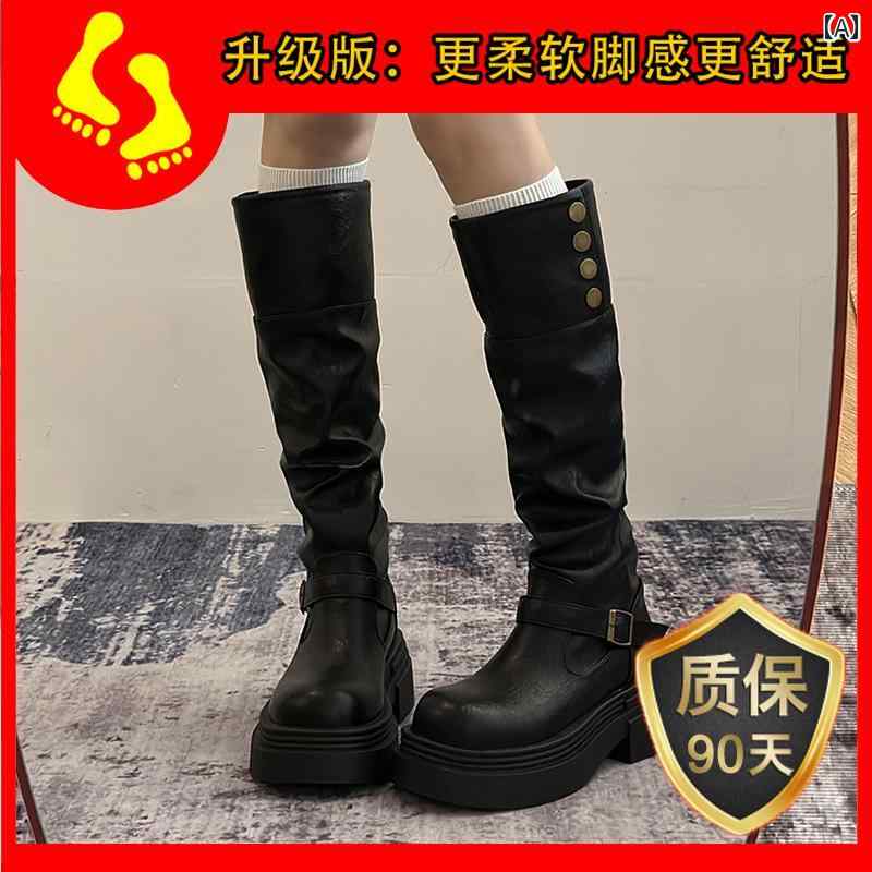 レディース ロング ブーツ ブラウンの レトロな 英国 スタイルの 厚い ヒールの 厚 底 ロング ブーツ ..