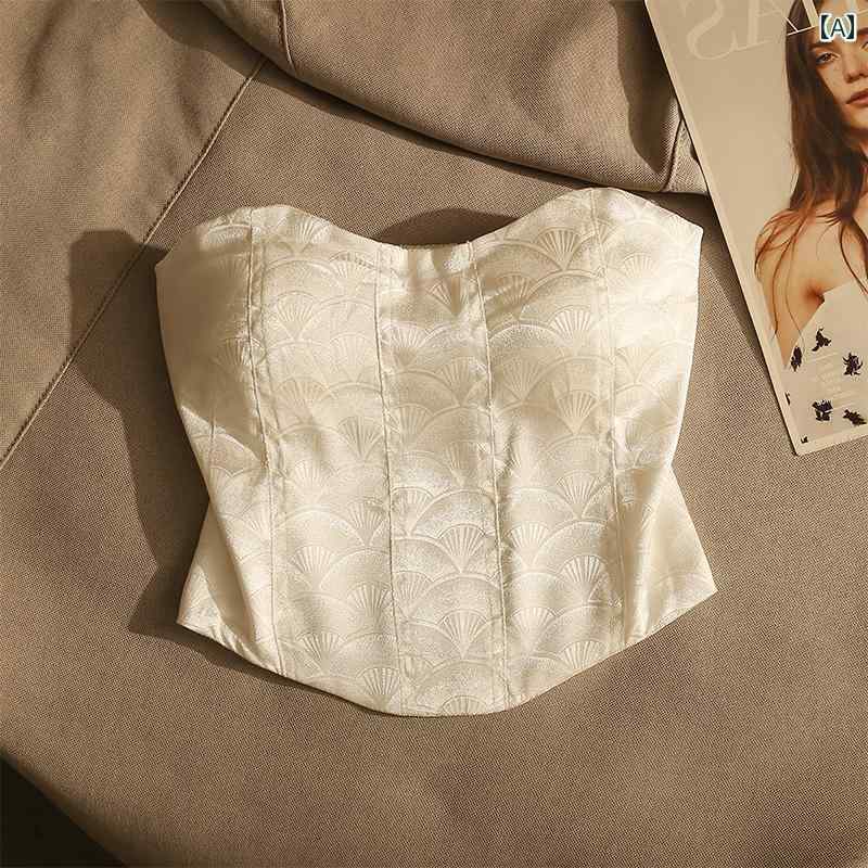 チューブ トップ アセテート サテン ジャカードの ホワイト ストラップレス キャミソールと スーツ プ..