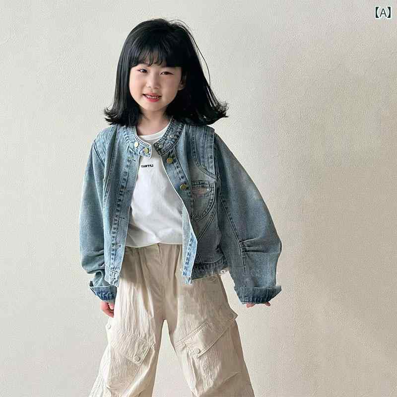 子供用 デニムシャツ 子供用 春の 野球 ジャケット、 女の子の デニムジャケット、 2025年 春、 中学生..