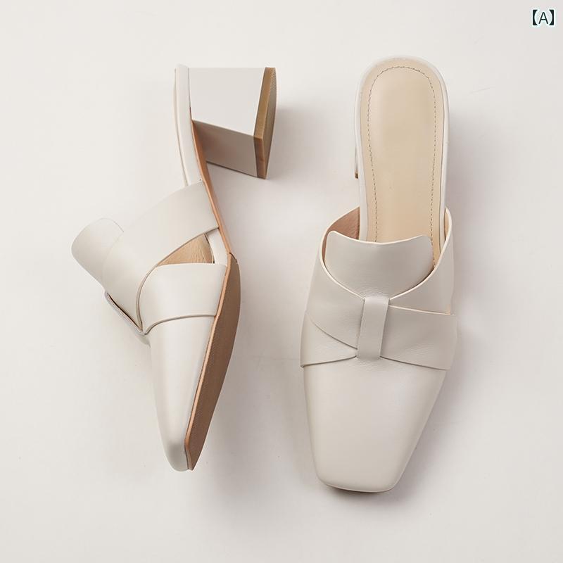 レディース ハーフ スリッパ スモール カラット 2025 新作 バオ トウ スリッパ レディース 夏 スタイル アウトドア 万能 ミッド ヒール 厚 底 ミュール本 革 ホワイト