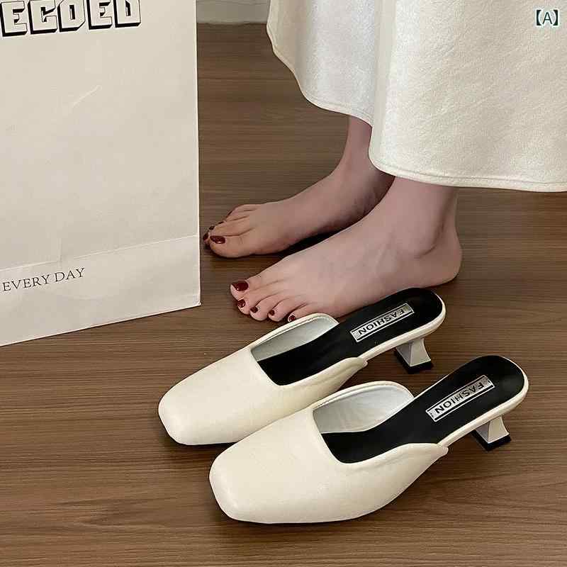 レディース ハーフ スリッパ フレンチスタイルの ハイヒール スクエアトゥ ハーフ スリッパ、 女性用 アウトドア用、 2025年 夏の 新作 クローズド トゥ スリッポン ミュール