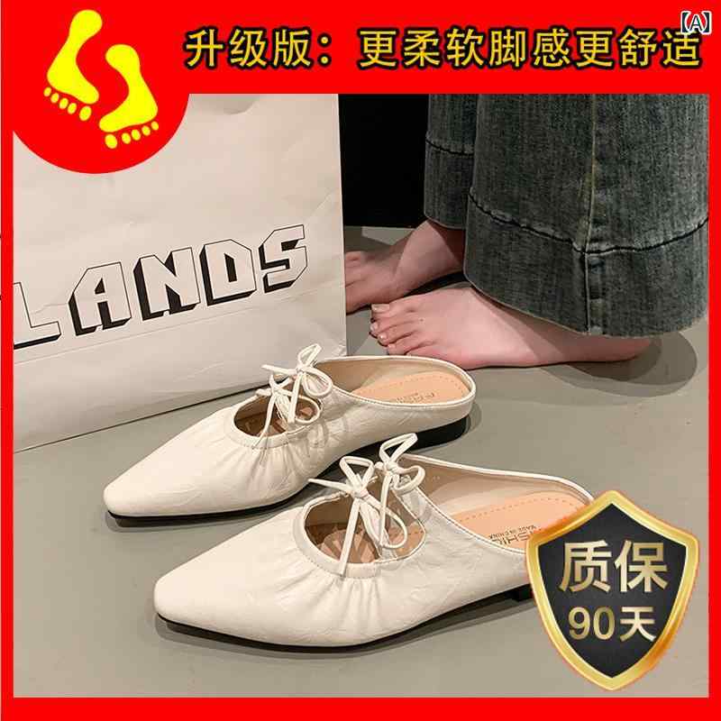 レディース ハーフ スリッパ リボン 結び プリーツ ハーフ スリッパ、 女性用、 2025年 夏 新作、 厚 底 スリッポン、 つま先 ポインテッドトゥ ミュール サンダル