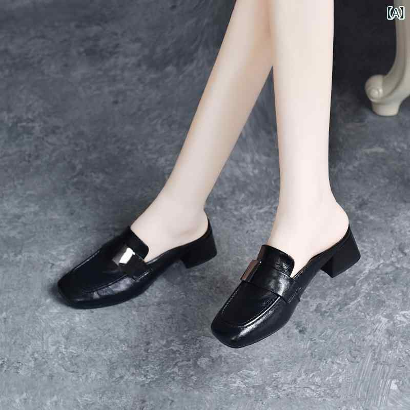 レディース ハーフ スリッパ アウターと して 着用 できる、 つま先が 閉じた ミドル ヒールの ハーフ スリッパ。 2025年 夏の 新作、 厚 底の ソフトレザー ミュール（ 女性用）、 ソフト ソール、本 革 サンダル。