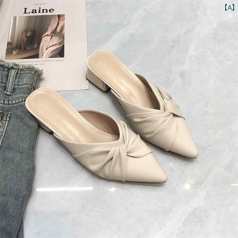 レディース ハーフ スリッパ 2023年 夏 ハーフ スリッパ レディースファッション 尖った 気質 ネット セレブ 風 リボン ホット スタイル ツイスト スリム ミッド ヒール ミュール