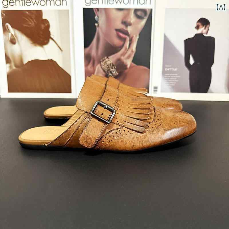 レディース ハーフ スリッパ 2025 ウォッシュ 加工の 馬 革 スリッパ（ アウトドア用）、 英国 風の 彫刻 タッセル フラットソール ミュール、 ファッショナブルで 多 用途な 女性用 シューズ