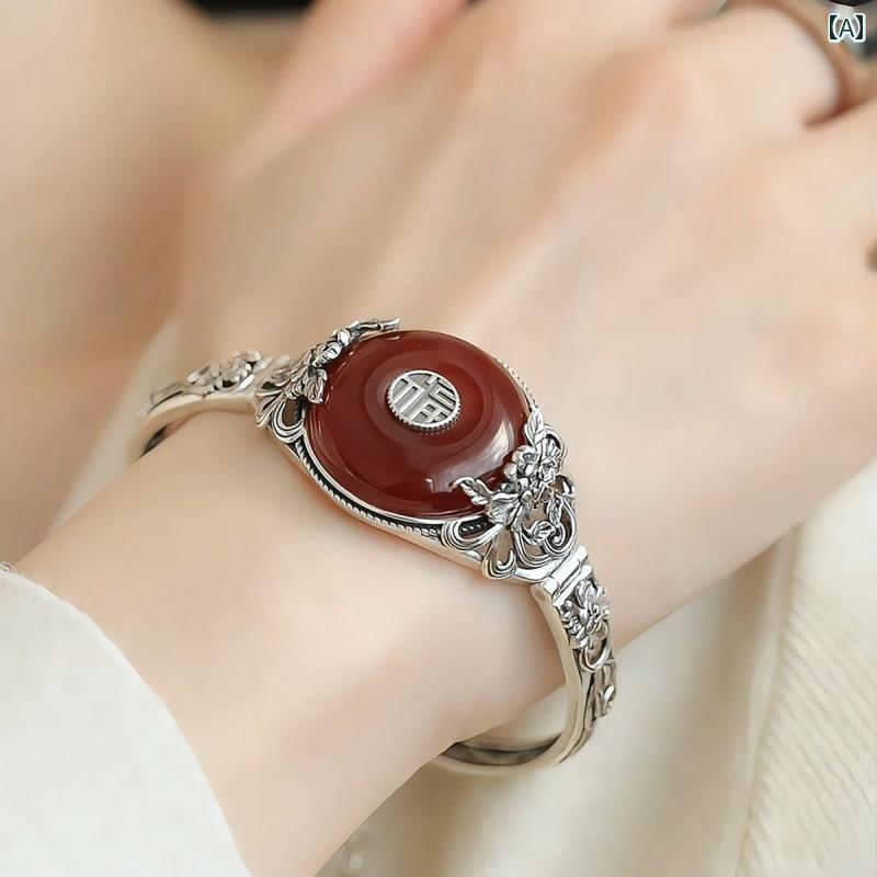 ブレスレット レディース クラシック 925 シルバーの 新しい 中国の レトロな 牡丹の 花の 赤 瑪 瑙の ..