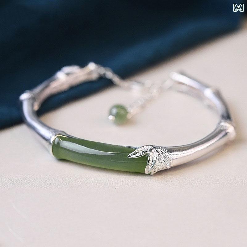 ブレスレット レディース クラシック レトロな 中国 風 S 925 スターリングシルバー 竹 象嵌 天然 賀 ..