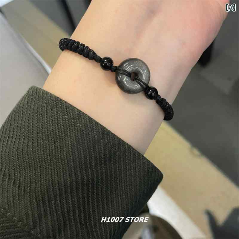 メンズ ブレスレット ジュエリー 中国 風 シルバー 黒曜石 平和 バックル メンズ ブレスレット レディース 手編み ニッチ デザイン カップル 新年 ギフト
