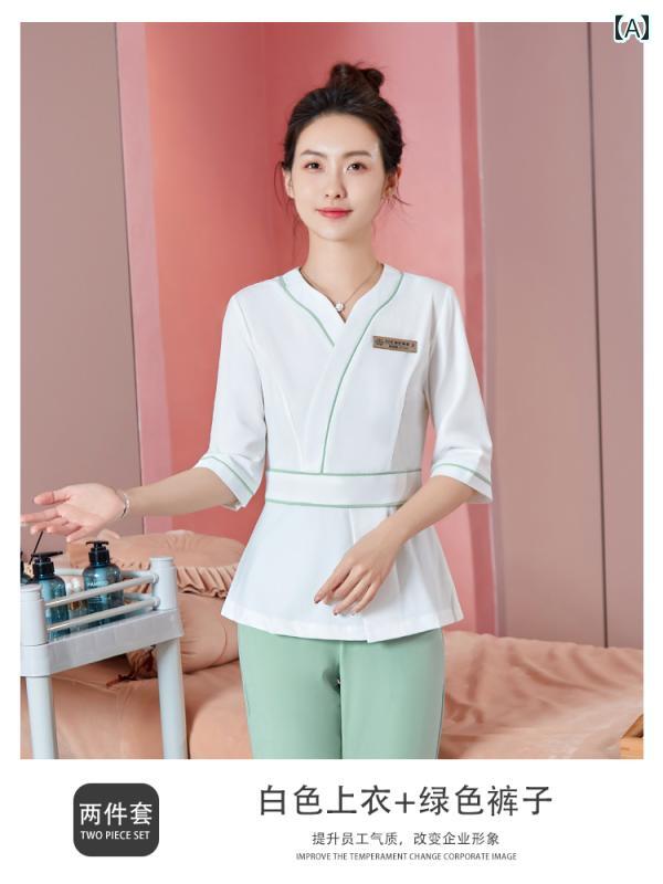 美容院 美容 師 作業 服 女性 2025年 女性用 美容 師 作業 服、 高級 美容院 スパ 健康 センター 足 マッサージ 技術者 服、 高級 気質 スーツ