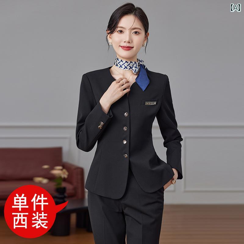 美容院 美容 師 作業 服 女性 春と 秋の 女性用 高級 プロフェッショナル スーツ、 エレガントな ホテル マネージャーの 仕事 着、 美容院の フロント デスク 受付の 仕事 着