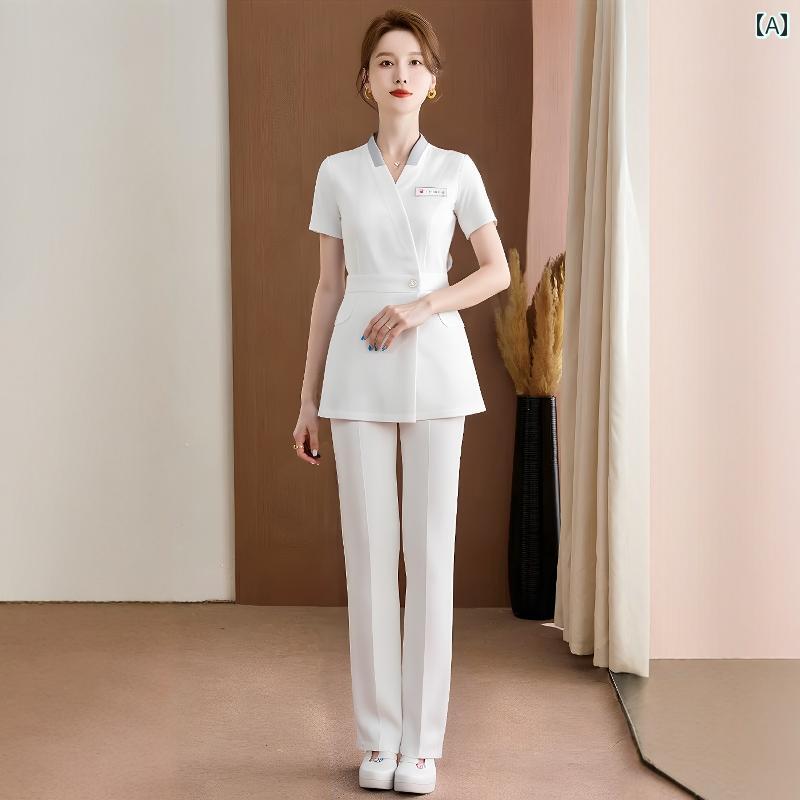 美容院 美容 師 作業 服 女性 美容院の 美容 師の 作業 服、 夏の 女性用、 高級 美容 業界、 スキン マネジメント、 ヘルスクラブの プロ 仕様の 服装、 白