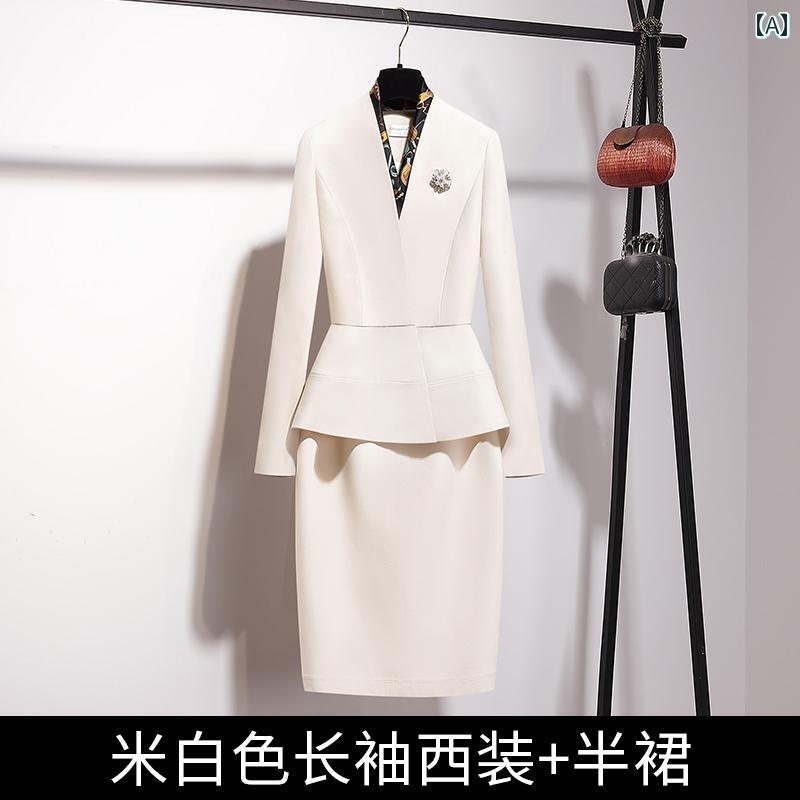 美容院 美容 師 作業 服 女性 高級 プロの 女性用 スカート スーツ、 オフ ホワイトの スーツ ジャケット スーツ、 ファッショナブルな ビジネス フォーマルウェア、 女性 美容 師 作業 服