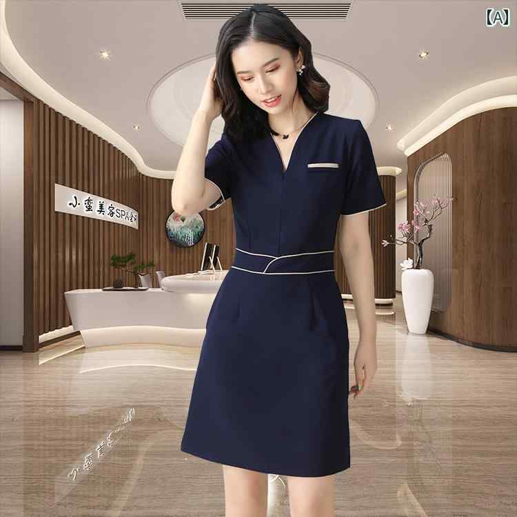 美容院 美容 師 作業 服 レディース 夏の 美容 師の 仕事 服、 女性の 美容 室 ドレス、 中国 風の 足 湯 ペディキュア 技術者の 服、 おしゃれな スーツ