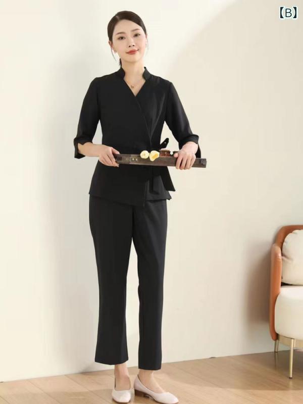 美容院 美容 師 作業 服 レディース 女性用 美容 師 作業 服、 秋 冬、 高級 美容院 気質 作業 服、 保健 センター、 足 浴 技術者 服、 ミッド スリーブ スーツ