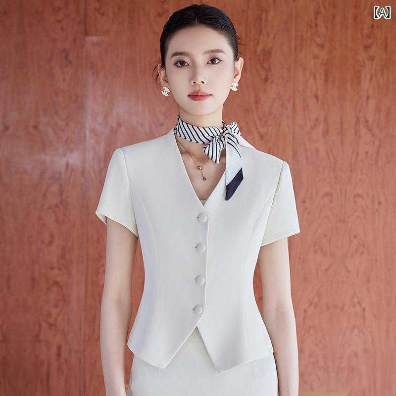 美容院 美容 師 作業 服 レディース 夏の 女性用 半袖 V ネック スーツ、 新しい スタイル、 エレガントな フロント デスク、 宝石 店、 美容院、 プロの スーツ、 美容 業界の 作業 服