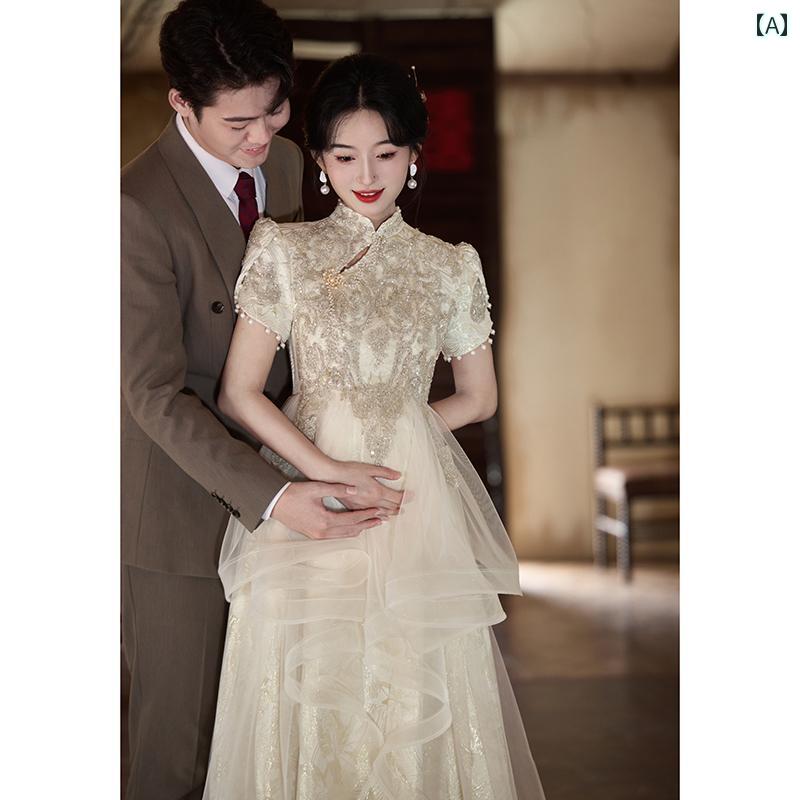 チャイナ ドレス スカート 新しい 中国 風の 妊婦用 トースト ドレス、 花嫁の 婚約 イブニングドレス、 高級 ウェディング ホームカミング、 プラス サイズ、 太めの mm ハイ ウエストで お腹を カバー