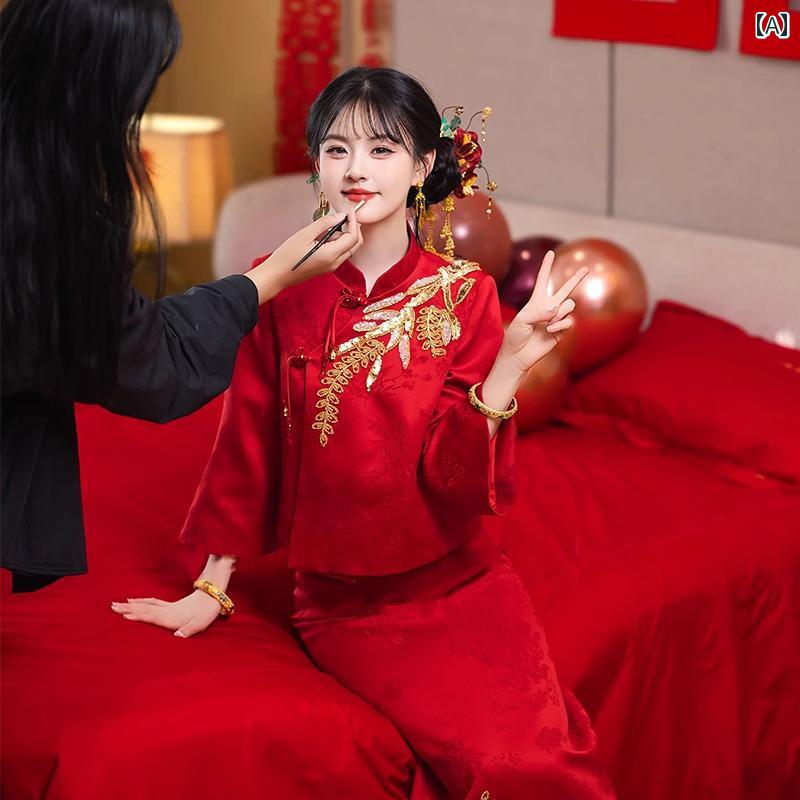 チャイナ ドレス スカート ワイン レッドの トースト ドレス 花嫁 女性の 新しい 中国 風の 改良 され..