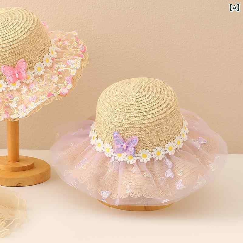 ベビー 帽子 春秋用 女の子の 夏用 麦わら 帽子、 サンハット、 子供用、 プリンセス、大きな つばの ..