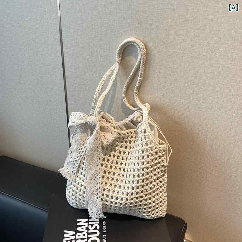 バスケット バッグ 女性用の 新しい ビーチ バッグ、 夏の 新しい ストロー ハンドバッグ、 メッシュバッグ、 手編みの 中空 バスケット バッグ、 かぎ 針 編み バッグ
