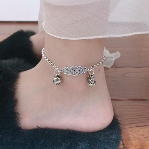 アンクレット レディース S 925 レトロ ファイブ エンペラーズ コイン スターリングシルバー アンクレット ベル マネー バッグ ペンダント 女性用 富と...