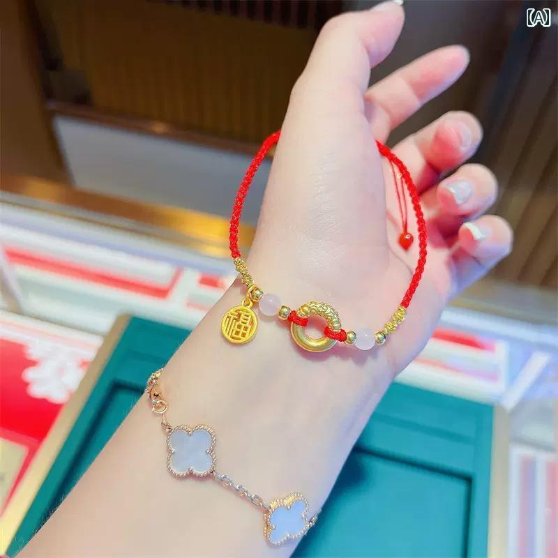 アンクレット レディース ゴールド ピース バックル Xiaofu ブランド アンクレット 転 写 ビーズ 編み 無地 レース ラッキー レッド ロープ アンク...