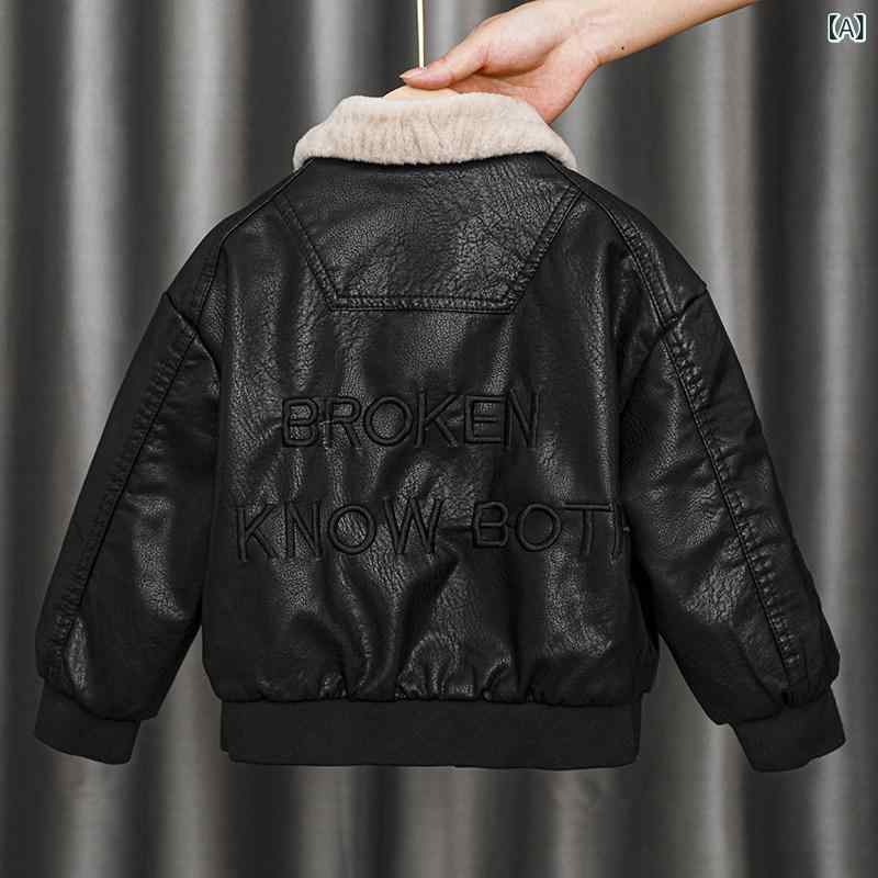 Coat - 子供用レザージャケット 男の子 革 冬 服 2023 新しい 子供 ベルベット ジャケット 2 厚手 3 秋 冬 5 レザージャケット 6 外国 風 7 子供 服 8